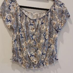 H&M Cream Paisley Button-Front Peasant Blouse with Blue and Brown Accents